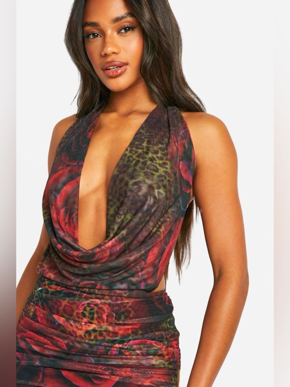 Boohoo Mixed Print Leopard Plunge Ruched Bum Maxi Dress - Picture 6 of 8